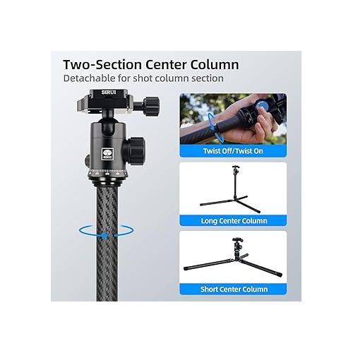  SIRUI Carbon Fiber Travel Tripod with E-10 360° Ball Head, 59.8” Compact Camera Tripod AT-125, Quick Release Reverse Folding Legs, Reversible Center Column, Max Load 17lbs - Traveler X-II