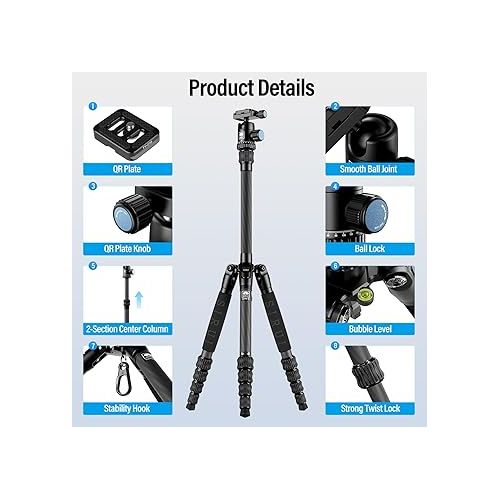  Sirui Compact Traveler 5C Tripod 54.3 inches Lightweight Carbon Fiber Travel Tripod Portable Camera Tripod with 360° Panorama Ball Head for Arca Swiss Quick Release Plate Load Capacity Up to 8.8lbs