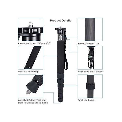  SIRUI Camera Monopod AM-326M 6 Section Carbon Fiber Portable Compact Lightweight Travel Monopod