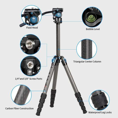  SIRUI ST-125+VA-5 Carbon Fiber Tripod with Fluid Video Head, Triangular Centre Column, Waterproof, Travel Tripod for Cameras, 4 Sections, 62.2inch, Load 26.4lbs