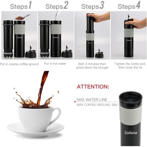  Sisitano 2in1 Travel French Press Coffee Maker, Portable 11.8 oz Tumbler Coffee French Press for Ground Coffee & Tea Leaves; Iced Coffee, Cold Brew Tea, Coffee Mug for Trips, Campi