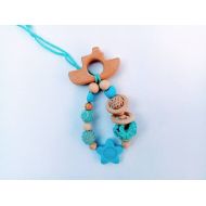 /SisterFoxStudio Crochet teether on a clip Wooden teether teething toy New mom gift Eco friendly toys Silicone Natural teether Wooden toy