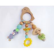 /SisterFoxStudio Crochet teether on a clip Wooden crochet teething toy New mom gift Eco friendly toys Natural toy Silicone teether Rattle