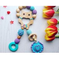SisterFoxStudio Crochet teether on a clip Wooden teether crochet teething toy New mom gift Eco friendly toys Silicone teether Crochet rattle squeaking toy