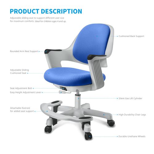  SitRite Children Desk Chair for Kids Height Control Student Study Adjustable Seat Office Seat (Ocean Blue)