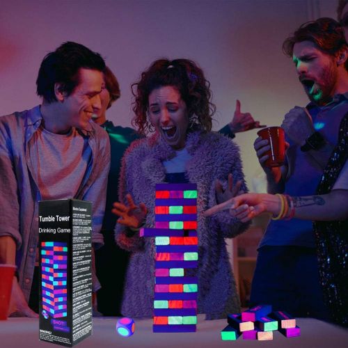  [아마존베스트]Six Senses Media Black Light Tumble Tower -Glowing Blocks Tumble Tower Suitable for Day Or Night, 54 Blocks with Hilarious Drinking Commands and Games on 45 of Them, Games Stacking Games or Games f