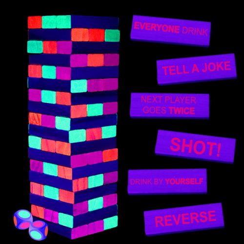  [아마존베스트]Six Senses Media Black Light Tumble Tower -Glowing Blocks Tumble Tower Suitable for Day Or Night, 54 Blocks with Hilarious Drinking Commands and Games on 45 of Them, Games Stacking Games or Games f