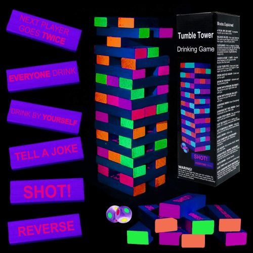  [아마존베스트]Six Senses Media Black Light Tumble Tower -Glowing Blocks Tumble Tower Suitable for Day Or Night, 54 Blocks with Hilarious Drinking Commands and Games on 45 of Them, Games Stacking Games or Games f