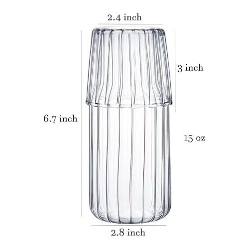  Sizikato 15 Oz Clear Striped Glass Bedside Night Water Carafe with Tumbler Glass.