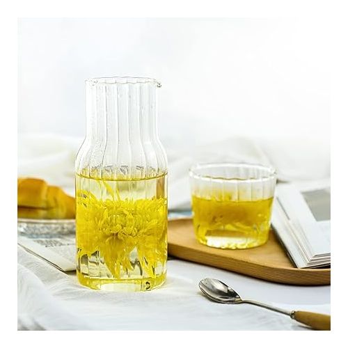  Sizikato 15 Oz Clear Striped Glass Bedside Night Water Carafe with Tumbler Glass.