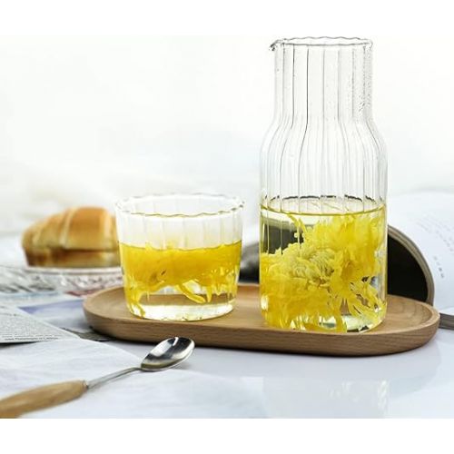  Sizikato 15 Oz Clear Striped Glass Bedside Night Water Carafe with Tumbler Glass.