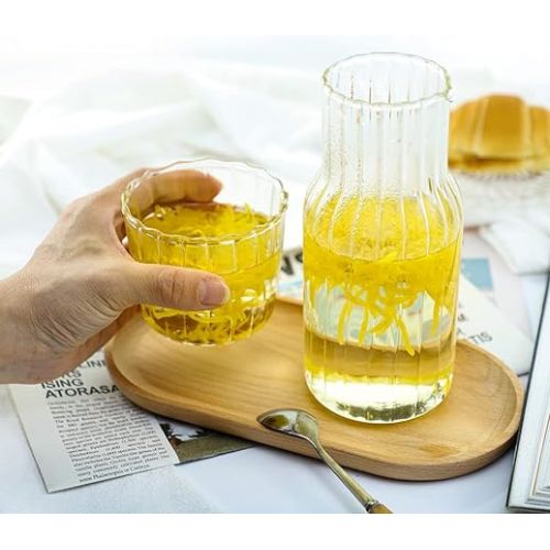  Sizikato 15 Oz Clear Striped Glass Bedside Night Water Carafe with Tumbler Glass.