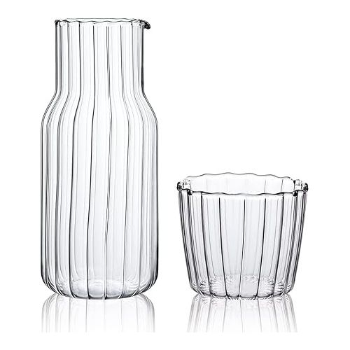  Sizikato 15 Oz Clear Striped Glass Bedside Night Water Carafe with Tumbler Glass.