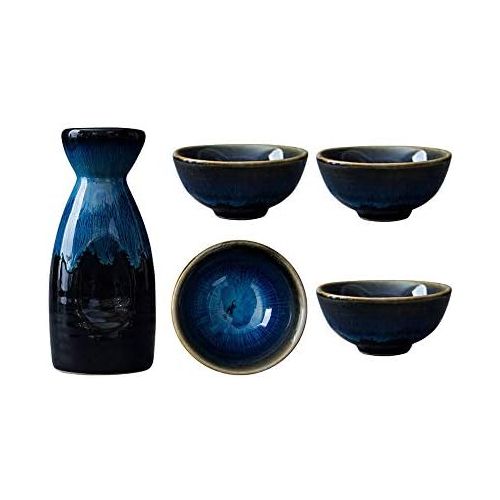  [아마존베스트]Sizikato 5PCS Kiln-Change Ceramics Sake Set Include 1PCS Sake Bottle and 4PCS Sake Cups