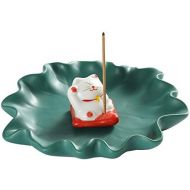 인센스스틱 Sizikato Cute Lucky Cat Incense Burner Incense Stick Holder with Lotus Leaf Tray.