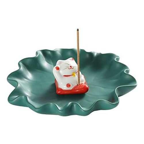  인센스스틱 Sizikato Cute Lucky Cat Incense Burner Incense Stick Holder with Lotus Leaf Tray.