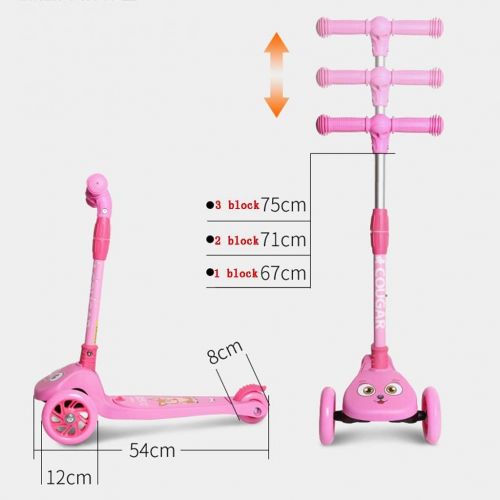  Skateboards 67cm Pink Kind Auto 3-11 Jahre Alter Junge Anfanger 3 Wheel Flash Zusammenklappbar Baby Paddleboard (Color : Pink, Size : 54 * 25 * 67cm)