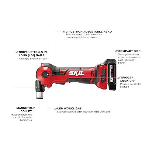  SKIL PWR CORE 12 Brushless 12V Auto Hammer Kit includes 2.0Ah Lithium Battery and PWR JUMP Charger - AH6552A-10, Red