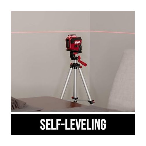  SKIL 65ft. 360° Red Self-Leveling Cross Line Laser Level with Horizontal and Vertical Lines Rechargeable Lithium Battery USB Charging Port, Compact Tripod & Carry Bag Included - LL932201