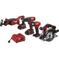 SKIL 20V 4-Tool Combo Kit: 20V Cordless Drill Driver Reciprocating Saw, Circular Saw and Spotlight, Includes Two 2.0Ah PWR CORE Lithium Batteries and One Charger - CB739701,Black, Red