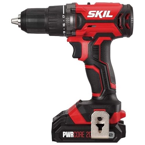  SKIL 20V 4-Tool Combo Kit: 20V Cordless Drill Driver Reciprocating Saw, Circular Saw and Spotlight, Includes Two 2.0Ah PWR CORE Lithium Batteries and One Charger - CB739701,Black, Red