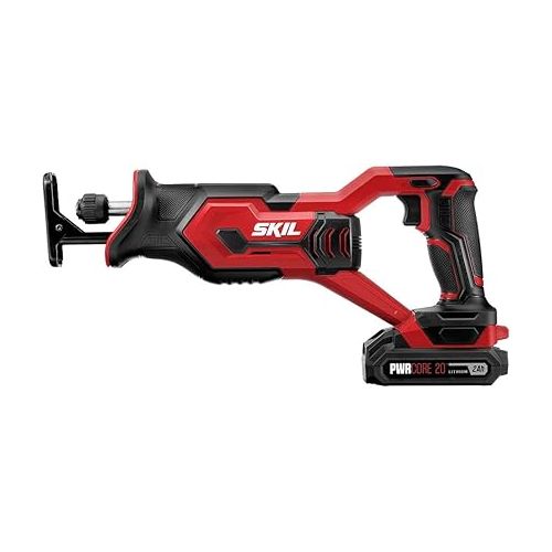  SKIL 20V 4-Tool Combo Kit: 20V Cordless Drill Driver Reciprocating Saw, Circular Saw and Spotlight, Includes Two 2.0Ah PWR CORE Lithium Batteries and One Charger - CB739701,Black, Red