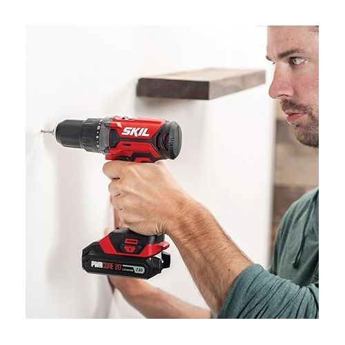  SKIL 20V 4-Tool Combo Kit: 20V Cordless Drill Driver Reciprocating Saw, Circular Saw and Spotlight, Includes Two 2.0Ah PWR CORE Lithium Batteries and One Charger - CB739701,Black, Red