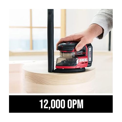  SKIL PWR CORE 12 Brushless 12V Compact Detail Sander Kit with Up to 12,000 OPM Includes 40pc Sandpaper(80/120/180/240 grits), Dust Box, 2.0Ah Battery and Charger - SR6608A-10,Red