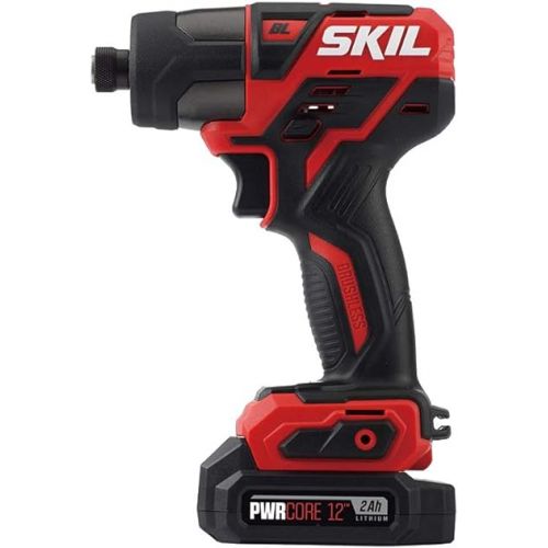  SKIL 2-Tool Kit: PWRCore 12 Brushless 12V 1/2 Inch Cordless Drill Driver and 1/4 Inch Hex Impact Driver, Includes 2.0Ah Lithium Battery and Standard Charger - CB738401, Red