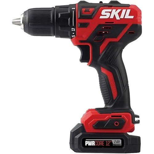  SKIL 2-Tool Kit: PWRCore 12 Brushless 12V 1/2 Inch Cordless Drill Driver and 1/4 Inch Hex Impact Driver, Includes 2.0Ah Lithium Battery and Standard Charger - CB738401, Red