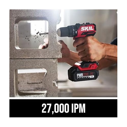  Skil PWR CORE 20 Brushless 20V 1/2 in. Compact 3-in-1 Hammer Drill Kit with 1/2'' Single-Sleeve, Keyless Chuck & LED Worklight Includes 2.0Ah Battery and PWR Jump Charger - HD6294B-10