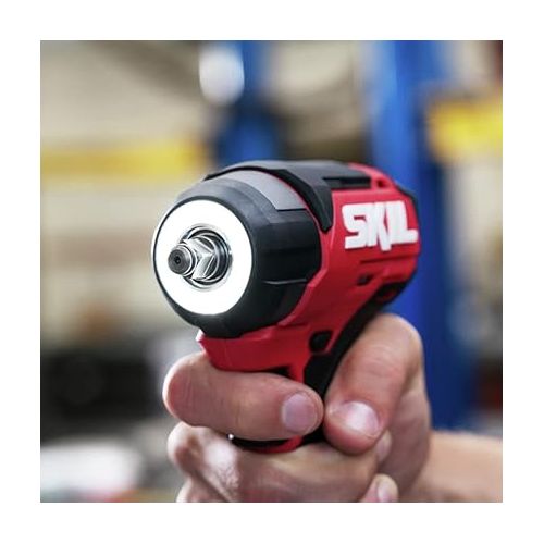  SKIL PWR CORE 12 Brushless 12V 3/8 In. Compact Impact Wrench Kit with 3-Speed & Halo Light Includes 2.0Ah Lithium Battery and PWR JUMP Charger - IW6744A-10