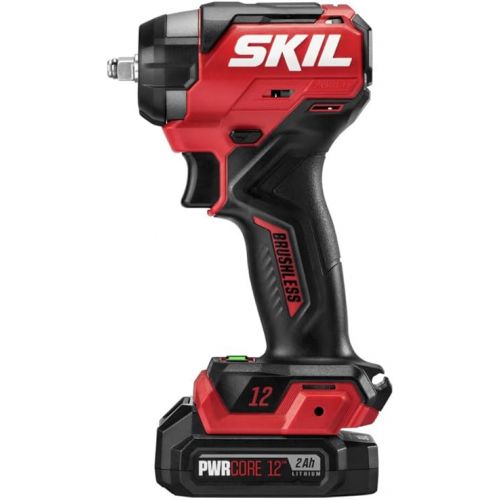 SKIL PWR CORE 12 Brushless 12V 3/8 In. Compact Impact Wrench Kit with 3-Speed & Halo Light Includes 2.0Ah Lithium Battery and PWR JUMP Charger - IW6744A-10