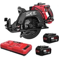 SKIL 2x20V PWR CORE 20 Brushless 7-1/4” Rear Handle Circular Saw Kit Includes Two 5.0Ah Batteries and Dual Port Auto PWR Jump Charger-CR5429B-20, Red