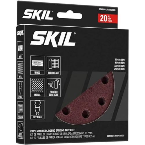  SKIL 20-Piece Mixed 5 in. 60/80/120/240 Grits Round Sanding Paper Kit for SKIL Sanders SR211601/SR6604B-10/SR660302 - CDA9003