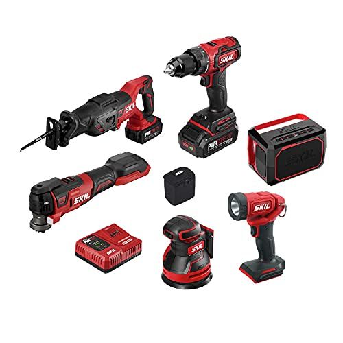  SKIL PWRCore 20 Brushless 20V 6-Tool Combo Kit, Included 2.0Ah Lithium Battery, 4.0Ah Lithium Battery and PWRJump Charger - CB7443-21