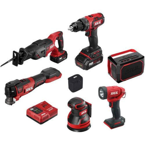  SKIL PWRCore 20 Brushless 20V 6-Tool Combo Kit, Included 2.0Ah Lithium Battery, 4.0Ah Lithium Battery and PWRJump Charger - CB7443-21