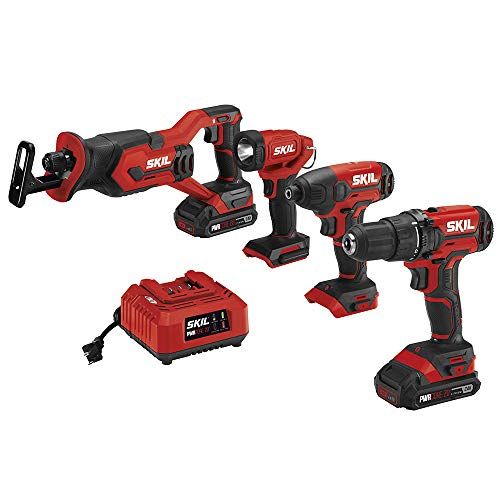  SKIL 4-Tool Kit: 20V Cordless Drill Driver, Impact Driver, Reciprocating Saw and LED Spotlight, Includes Two 2.0Ah Lithium Batteries and One Charger - CB739601, White