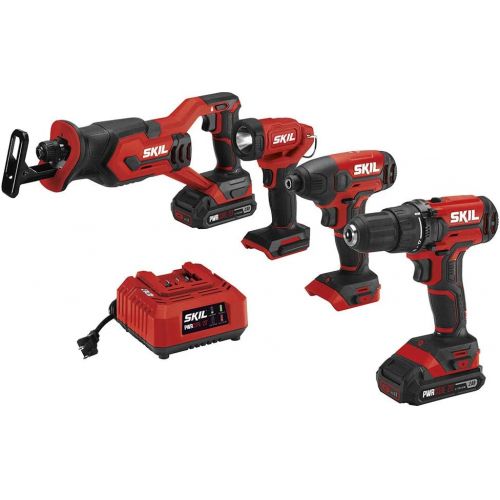  SKIL 4-Tool Kit: 20V Cordless Drill Driver, Impact Driver, Reciprocating Saw and LED Spotlight, Includes Two 2.0Ah Lithium Batteries and One Charger - CB739601, White