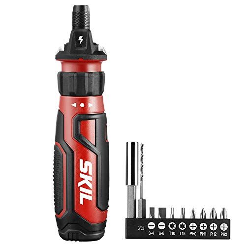  SKIL Rechargeable 4V Cordless Screwdriver with Circuit Sensor Technology, Includes 9pcs Bit, 1pc Bit Holder, USB Charging Cable - SD561201 , Red