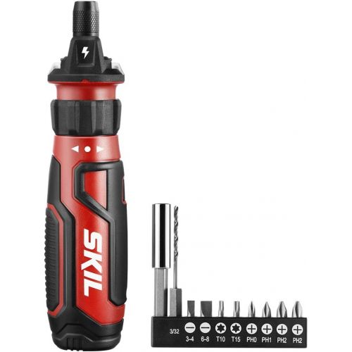  SKIL Rechargeable 4V Cordless Screwdriver with Circuit Sensor Technology, Includes 9pcs Bit, 1pc Bit Holder, USB Charging Cable - SD561201 , Red