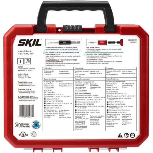  SKIL Rechargeable 4V Cordless Pistol Grip Screwdriver with 42pcs Bit Set, USB Charger and Carrying Case - SD5618-03