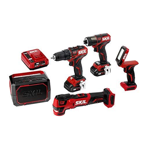  SKIL 5-Tool ComboKit: PWRCore 12 Brushless 12V Drill Driver, Impact Driver, Oscillating MultiTool, Area Light and Bluetooth Speaker, Includes Two 2.0Ah Lithium Batteries and PWRJum