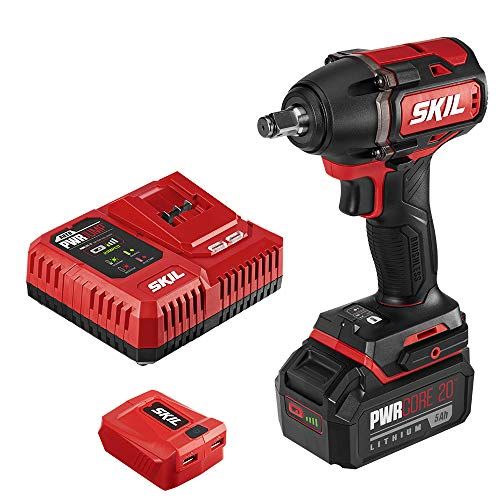  SKIL PWR CORE 20 Brushless 20V 1/2 Inch Impact Wrench Included 5.0Ah Battery, PWR JUMP Charger and PWR ASSIST USB Adapter - IW5739-1A