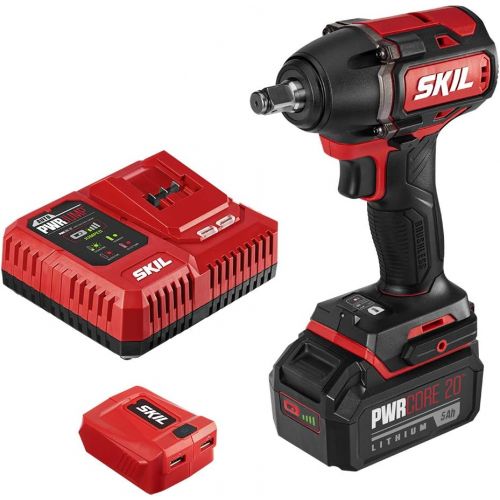  SKIL PWR CORE 20 Brushless 20V 1/2 Inch Impact Wrench Included 5.0Ah Battery, PWR JUMP Charger and PWR ASSIST USB Adapter - IW5739-1A