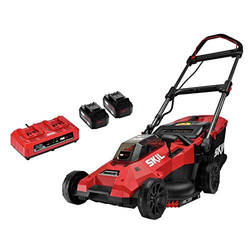  Skil PM4912B-20 PWR CORE 20 Brushless 18 Lawn Mower Kit, Includes Two 4.0 Ah Batteries and Dual Port Charger, Red