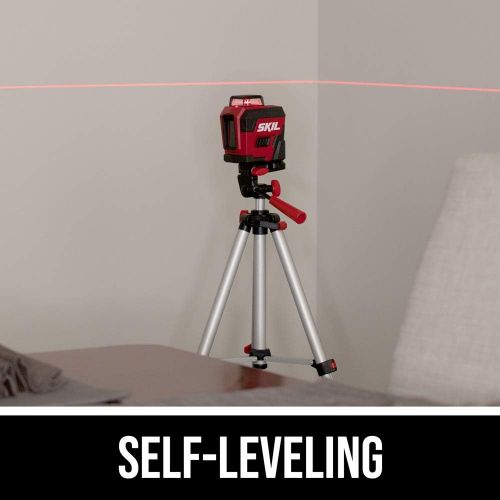 SKIL 65ft. 360° Red Self-Leveling Cross Line Laser Level with Horizontal and Vertical Lines Rechargeable Lithium Battery with USB Charging Port, Compact Tripod & Carry Bag Included