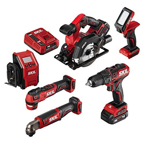  SKIL PWR CORE 12 Brushless 6-Tool Combo Kit, Included 4.0Ah Lithium Battery, 2.0Ah Lithium Battery and PWRJump Charger - CB7434-21