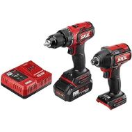 SKIL PWR CORE 20 Brushless 20V Drill Driver & Impact Driver Kit, Includes 2.0Ah Lithium Battery and PWR JUMP Charger - CB743701, Red