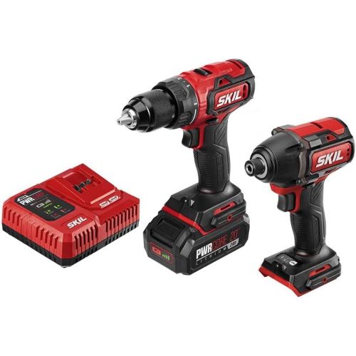  SKIL PWR CORE 20 Brushless 20V Drill Driver & Impact Driver Kit, Includes 2.0Ah Lithium Battery and PWR JUMP Charger - CB743701, Red